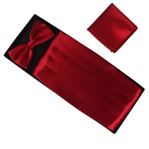 Men red satin cummerbund bow tie pocket square set formal wedding suit accessories