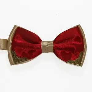 Men's red gold bow tie with metal corners, classic formal wear accessory for wedding business.
