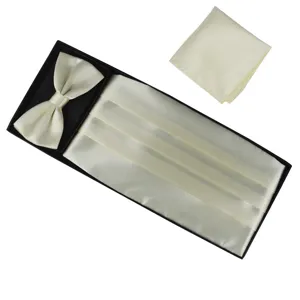 Men satin white cummerbund bow tie pocket square set for formal wedding evening party.