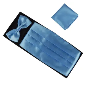 Men light blue satin cummerbund bow tie pocket square set tuxedo accessories gift box