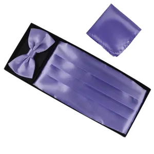 Detail view of purple satin men cummerbund bow tie and pocket square set for formal event.