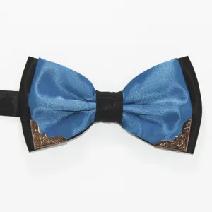 Men's formal two-tone bow tie with metal corners, polyester silk for wedding business.