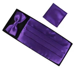 Purple satin mens cummerbund bowtie and pocket square set for formal evening events and wedding.
