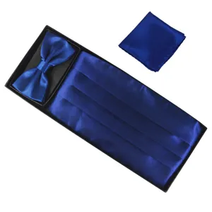 Blue satin cummerbund bow tie pocket square set for formal events, elegant wedding gift box.