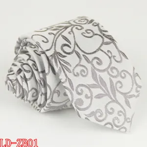 Classic grey silk-like polyester slim necktie with elegant damask swirl pattern for business formal wear.