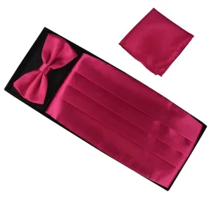 Men magenta cummerbund bow tie and pocket square set for formal wedding suit gift box