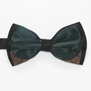 Men's double layer bow tie detail, dark green and black fabric with vintage metal corners.