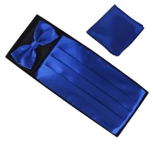 Royal blue silk-like cummerbund bow tie and pocket square set details in elegant black box.