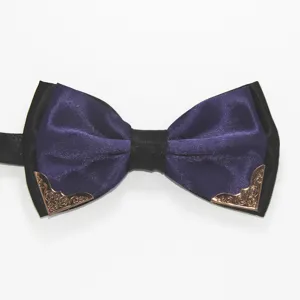 Men's double layer purple black bow tie with vintage metal corner design for formal business.