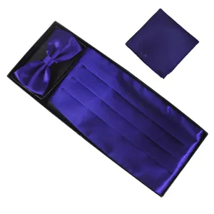 Men's elegant purple satin cummerbund bow tie and pocket square set detail display.