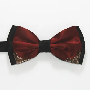 Men fashion formal double layer bow tie with metal corner, red and black business style.