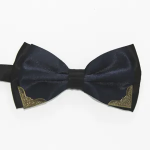 Men formal double layer bow tie with vintage metal corners navy blue and black design.