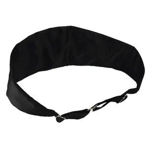Black satin men's cummerbund for tuxedo suit, elegant formal wear accessory with adjustable strap.
