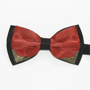 Men's double layer red black bow tie with vintage metal corner accents for formal wear.