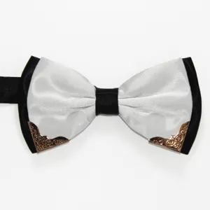 Men's formal double layer black and white bow tie with vintage gold metal corner details.