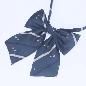 Detailed view of dark green JK uniform bow tie featuring silver waves and cute stars.