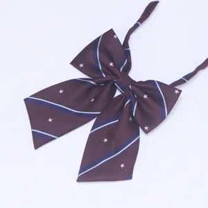 Detail view of wine red JK uniform bow tie with blue stripes and white star prints.