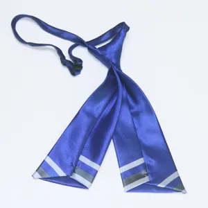 Blue satin double layer necktie detail view, perfect uniform and dance accessory item.