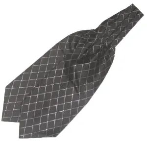 Detail heren formele ascot das, donkergrijze ruitjes patroon polyester halsdoek bruiloft.