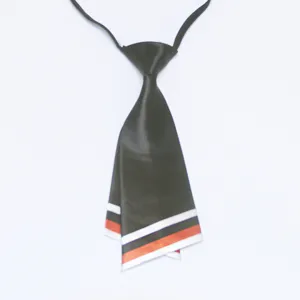 Detailed view of a black knife-shaped tie featuring red and white stripes and neck strap.