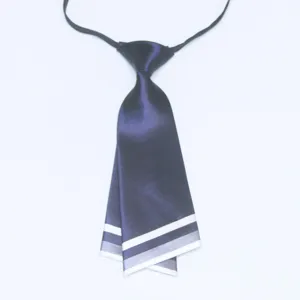 Close-up of a navy blue double-layer knife tie with white stripe details and elastic band.
