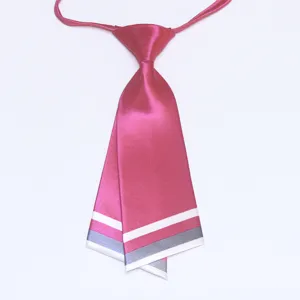 Details of the pink satin collar tie featuring elegant white and grey striped bottom design.