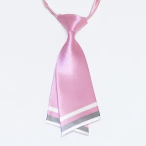 Pink satin double layer knife tie with white grey stripes, women kids necktie detail shot.