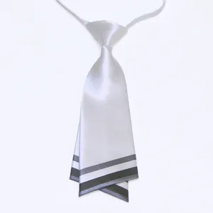 Detailed view of a white pre-tied uniform necktie featuring stylish dark stripes at the tip.