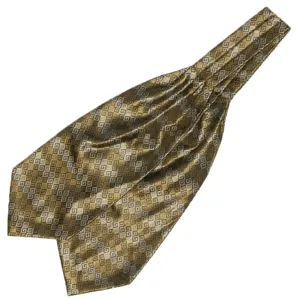 Gedetailleerd overzicht van heren polyester ascot sjaal met klassiek geometrisch patroon.