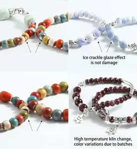 Handmade multicolored ceramic beads bracelet detail showing unique kiln change glaze effects