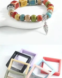 New Chinese style ceramic beaded bracelet with colorful glaze beads and leaf pendant display.