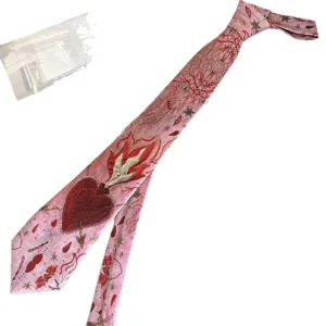 Y2K pink tie with gothic sacred heart print, artistic vintage necktie for men and women