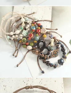 Handmade ceramic bead bracelets with retro Chinese style woven rope for unique fashion look.