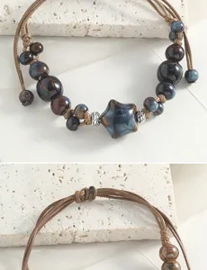 Handmade ceramic star bead bracelet retro Chinese style braided rope jewelry detail.