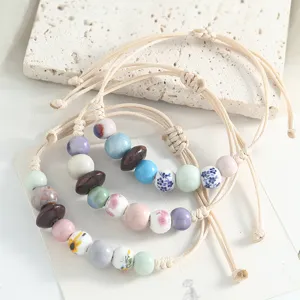 National trend ceramic braided bracelet with colorful beaded adjustable design for women daily wear.