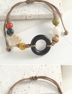 Vintage Chinese style ceramic bead bracelet handmade woven rope jewelry gift for women