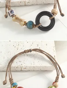 Vintage Jingdezhen Ceramic Beaded Bracelet Handmade Woven Rope Ethnic Jewelry Accessory