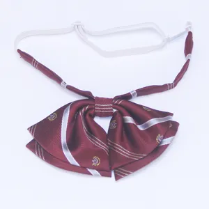 Wine red JK bow tie with white stripes and crown pattern, adjustable strap for students fashion.