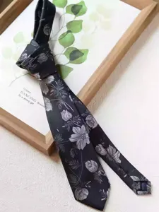 Black silk tie with silver floral pattern, 8cm wide hand-made retro business formal necktie.