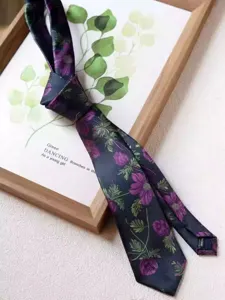 Silk necktie with vintage purple floral pattern, 8cm wide formal business tie for men.