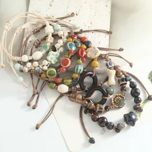 Handmade ceramic beaded braided bracelets retro adjustable ethnic style fashion jewelry