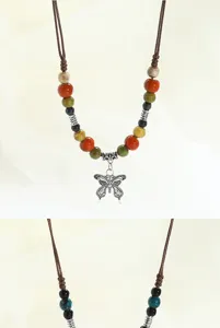 Boho style ceramic butterfly necklace with multi-color beads and brown cord for women fashion.