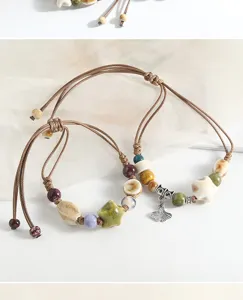 Vintage ethnic style ceramic beaded bracelet handmade woven couple rope jewelry item