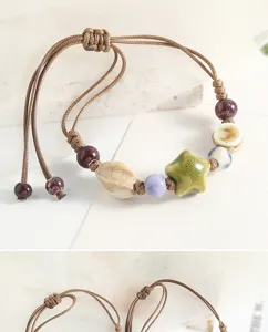 Vintage handmade ceramic bead braided bracelet with green star charm for couples and friends.