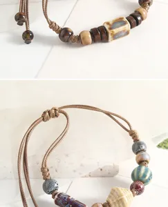 Handcrafted retro ceramic wooden bead bracelet detail shot ethnic style adjustable wrist rope