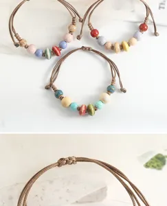Handmade ceramic bead bracelet detail view, vintage ethnic woven rope bracelet craftsmanship.