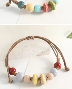 Handmade Jingdezhen ceramic bead bracelet vintage woven rope couple jewelry detail show
