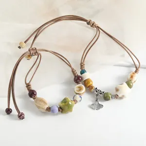 Retro ethnic style handmade ceramic beaded bracelet couple braided hand rope for daily wear main