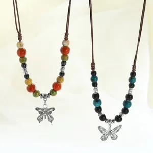 New Chinese Style Ceramic Butterfly Pendant Necklace Literary Retro Beaded Sweater Chain Women Jewelry Gift