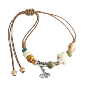 Retro ethnic style ceramic beaded bracelet handmade braided rope with ginkgo leaf charm